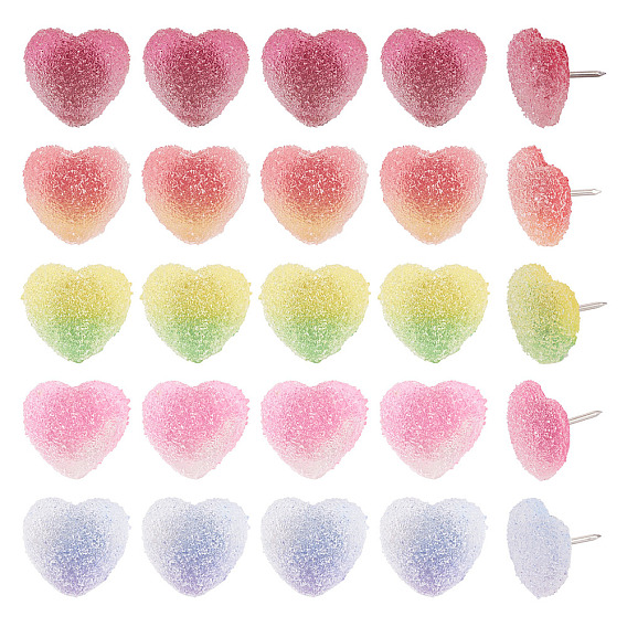 50 шт. 5 цвета сердца градиент цвета друзы смоляные кнопки для рисования, с железной фурнитурой, Маркировочные булавки, для фото стены, карты, доска объявлений или пробковые доски, платина