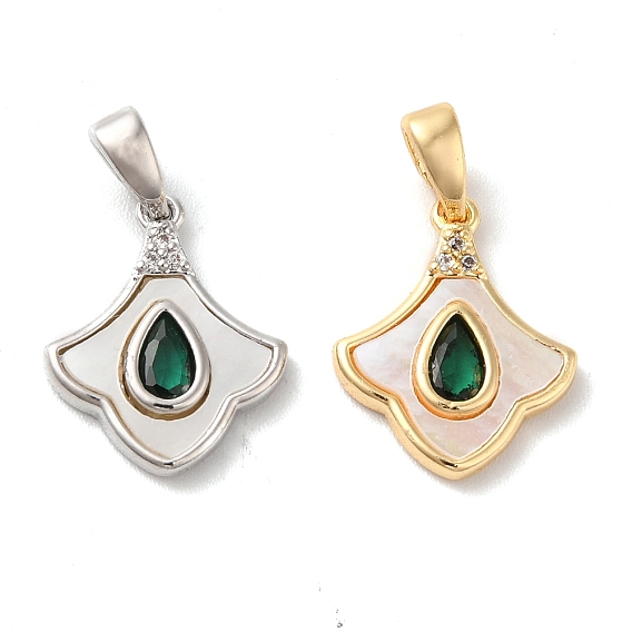 Brass Cubic Zirconia Pendants, with Shell, Ginkgo Leaf with Teardrop Pattern