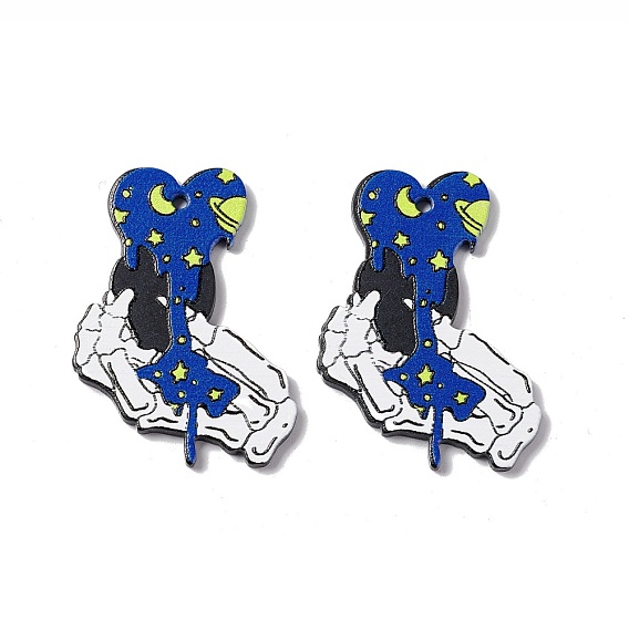 Halloween Printed Acrylic Pendants, Skull with Heart Charms