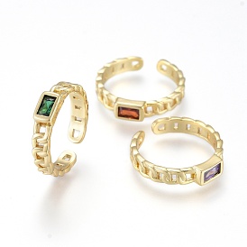 Brass Micro Pave Cubic Zirconia Cuff Rings, Open Rings, Long-Lasting Plated, Rectangle, Curb Chain Shape, Real 18K Gold Plated