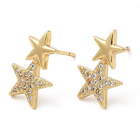 Rack Plating Brass Star Stud Earrings with Cubic Zirconia, Lead Free & Cadmium Free