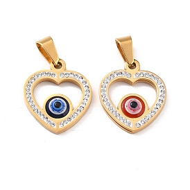 304 Stainless Steel Pendants, with Polymer Clay Rhinestone and Evil Eye Resin Round Beads, 201 Stainless Steel Bails, Heart