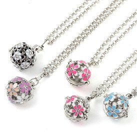 Brass Enamel with Rhinestone Pendant Necklaces, Iron Rolo Chains, Round with Flower Pattern, Platinum