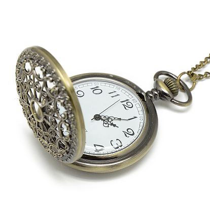 Alloy Flat Round Pendant Necklace Pocket Watch, with Iron Chains and Lobster Claw Clasps, Quartz Watch, 31.5 inch, Watch Head: 61x47x16mm