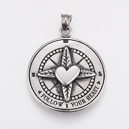 304 Stainless Steel Pendants, Flat Round with Heart
