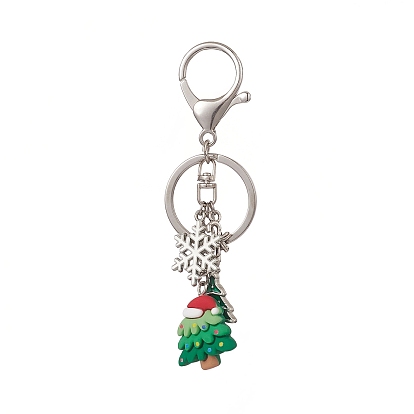 Christmas Theme Resin Keychains, with Alloy Enamel Pendants and Alloy Split Key Rings, Snowflake & Christmas Tree