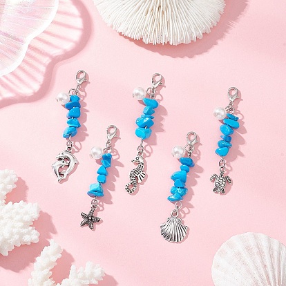 Подвески из синтетической бирюзовой крошки, с подвесками из сплава в тибетском стиле и застежками-карабинами, разнообразные