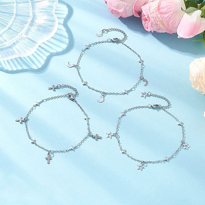 3Pcs 3 Styles 304 Stainless Steel Cross Link Chain Anklets, Star Cross Moon Charm Anklets for Women, Non-Tarnish