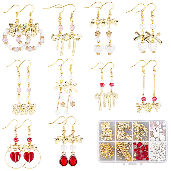 Наборы для самостоятельного изготовления сережек-бантов в форме сердца, включая подвески из сплава, стеклянные и пластиковые бусины, латунные кольца серьги обруча, стеклянные стразы подвески