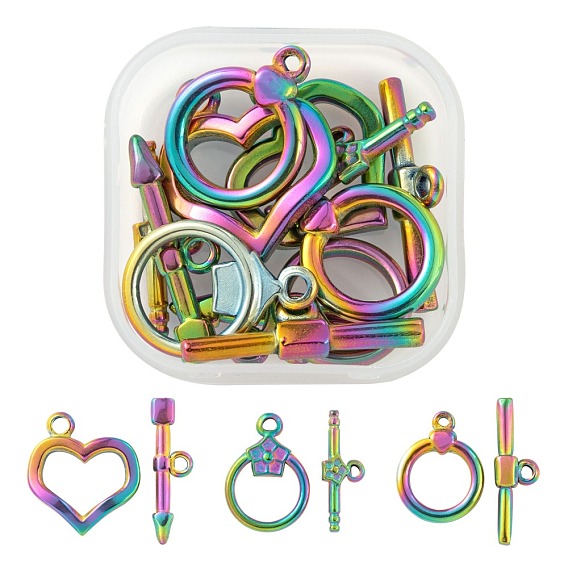 6 Sets 3 Style Ion Plating(IP) 304 Stainless Steel Toggle Clasps, Heart & Arrow, Ring & Bar