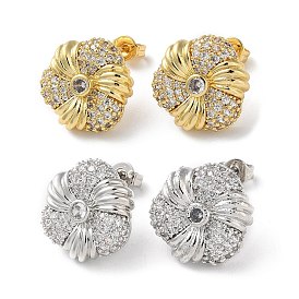 Flower Rack Plating Brass Micro Pave Clear Cubic Zirconia Stud Earrings for Women, Long-Lasting Plated, Lead Free & Cadmium Free