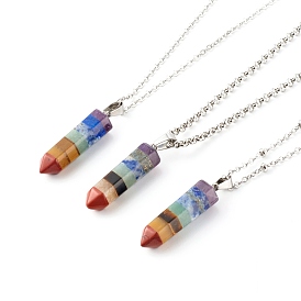 Bullet Natural Gemstone Pointed Pendant Necklaces Sets, with 304 Stainless Steel Cable Chains & Rolo Chains & Teist Chains