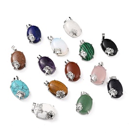 Gemstone Pendants, with Platinum Tone Brass Findings, Cadmium Free & Lead Free, Oval with Tree