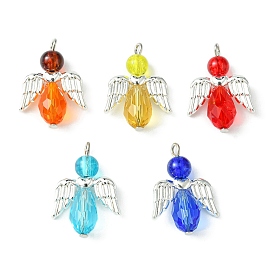 Glass Pendants, with Alloy Wings and Iron Loops, Angel Charms