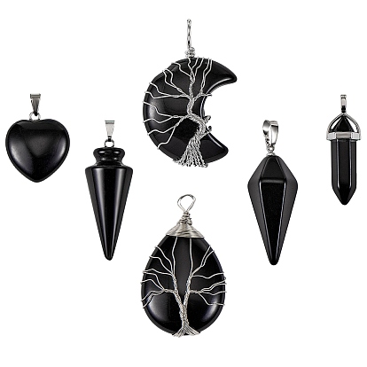 6Pcs 6 Style Natural Obsidian & Dyed & Heated Black Agate Pendants, with Platinum Tone Finding, Mixed Shapes