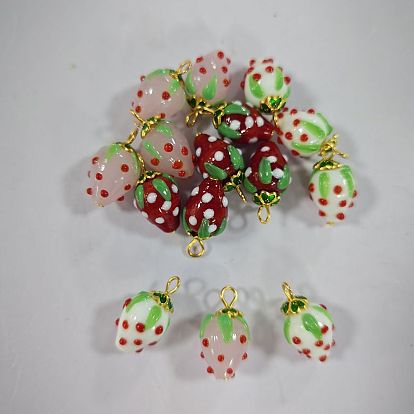 Handgefertigte Lampwork-Anhänger im 15 PC-Stil, Erdbeer-Charme, mit Eisenstiften und Kappen aus emaillierten Legierungsperlen, golden
