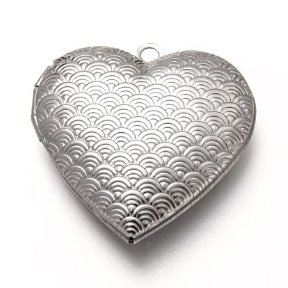 316 Stainless Steel Locket Pendants, Photo Frame Charms for Necklaces, Heart with Wave Pattern