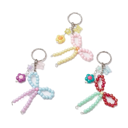 Непрозрачные акриловые бусины с латунными бусинами-обжимками и железными разъемными кольцами для ключей, цветок, бантом