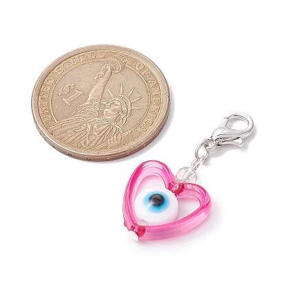 Heart with Evil Eye Resin & Acrylic Pendant Decorations, with Alloy Lobster Claw Clasps
