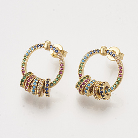 Brass Cubic Zirconia Stud Earrings, with Ear Nuts, Ring, Colorful