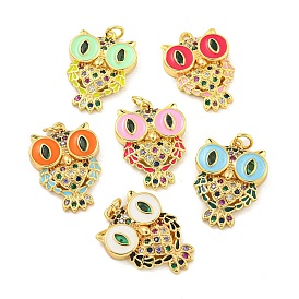 Brass Micro Pave Clear Cubic Zirconia Pendants,with Enemal Real 18K Gold Plated, Owl