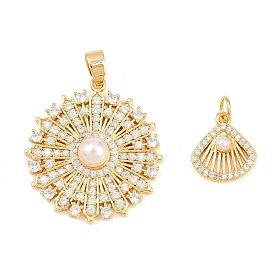 Латунные микропаве прозрачные подвески с фианитом, с искусственным жемчугом, подвески в форме ракушки/плоские круглые подвески, реальный 18 k позолоченный