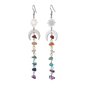 Natural Mixed Stone & Synthetic Turquoise Dangle Earrings, with 304 Stainless Steel Earring Hooks, Moon with Sun