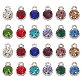 24Pcs 12 Colors Alloy Charms, with Glass Rhinestone, Birthstone Flat Round Charms, Cadmium Free & Lead Free