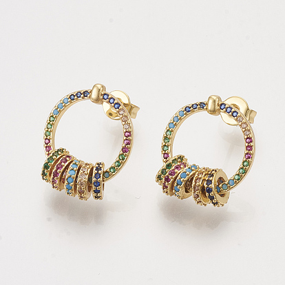 Brass Cubic Zirconia Stud Earrings, with Ear Nuts, Ring, Colorful