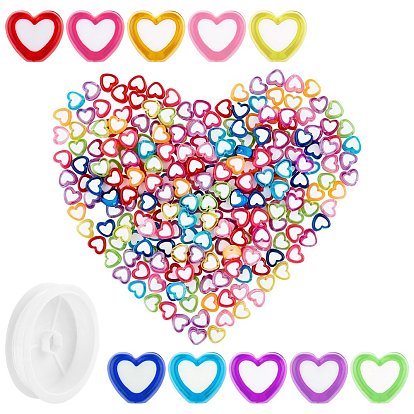 Transparent Heart Acrylic Beads, Bead in Bead, with Clear Elastic Crystal Thread