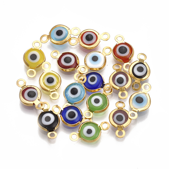 Handmade Evil Eye Lampwork Links Connectors, with 304 Stainless Steel Findings, Flat Round
