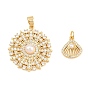 Brass Micro Pave Clear Cubic Zirconia Pendants, with ABS Imitation Pearls, Shell Shape/Flat Round Charms, Real 18K Gold Plated