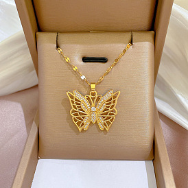 Gold Butterfly Pendant Necklace with Crystal Beads - Good Luck Charm, Elegant, Delicate.