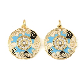 Brass Micro Pave Clear Cubic Zirconia Pendants, with Sky Blue Enamel, Flat Round with Cloud Charms