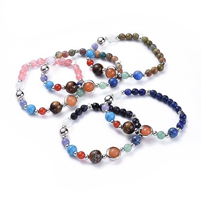 Faceted Natural & Synthetic Mixed Stone Beads Stretch Bracelets, with Brass Beads and Tibetan Style Alloy Star Beads