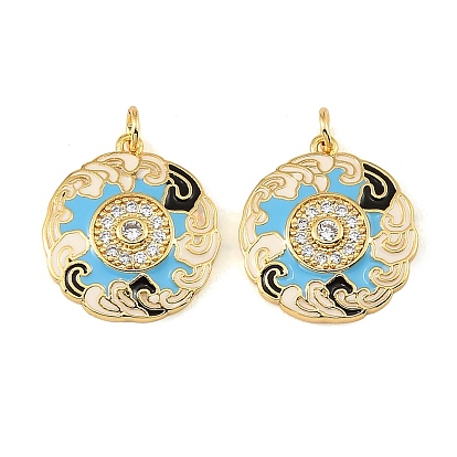 Brass Micro Pave Clear Cubic Zirconia Pendants, with Sky Blue Enamel, Flat Round with Cloud Charms