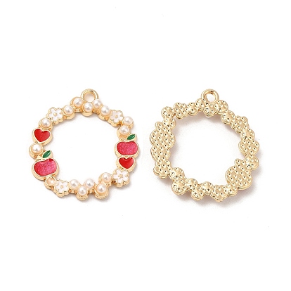 Подвески из эмали и сплава, с абс пластмассовыми жемчужными бисером, без кадмия, без никеля и без свинца, золотые, кольцо с подвеской в виде сердца и яблока