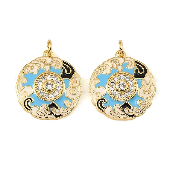 Brass Micro Pave Clear Cubic Zirconia Pendants, with Sky Blue Enamel, Flat Round with Cloud Charms