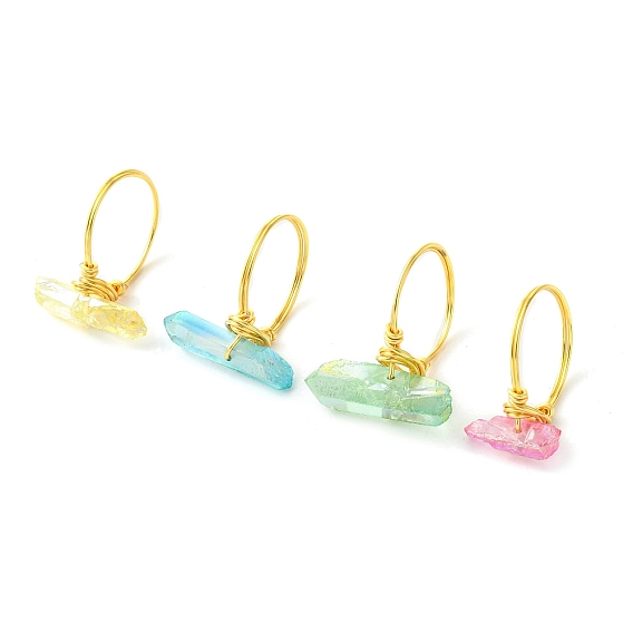 4Pcs 4 Color Dyed Natural Quartz Crystal Points Nuggets Finger Rings, Golden Copper Wire Stackable Rings