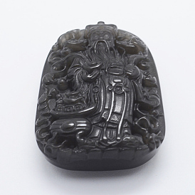Carved Natural Obsidian Big Pendants, God of Wealth