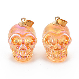Electroplate K9 Glass Pendants, with Golden Plated Brass Bails, Skull, Halloween
