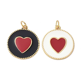 Brass Enamel Pendants, Real 18K Gold Plated, Long-Lasting Plated, Lead Free & Nickel Free & Cadmium Free, Flat Round with Heart