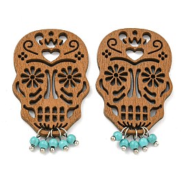 Laser Cut Poplar Wood Pendants Skull Charms with Dyed Synthetic Turquoise