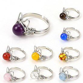 Круглые кольца из бусин из натуральных драгоценных камней, кольца кролика в латунной обертке, регулируемое кольцо для женщин