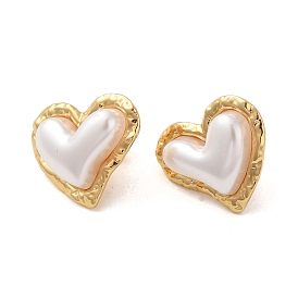 Texture Heart 304 Stainless Steel Stud Earrings, Plastic Imitation Pearl Earrings for Women