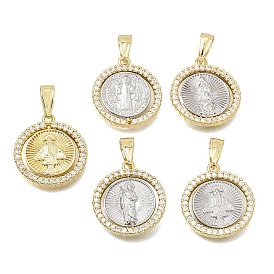 Colgantes religiosos de latón con micropavé de circonitas cúbicas transparentes, encantos planas redondas, chapado en rack, larga duración plateado, sin plomo y cadmio