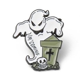 Broches émaillées en alliage, broche en émail, pour halloween, avec embrayages en caoutchouc, fantôme avec tombe, mot je viens, blanc