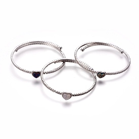 Natural Agate Stretch Bangles, with Cubic Zirconia and Brass Findings, Heart