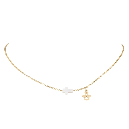 304 ожерелья с подвесками-крестами в виде ангела из нержавеющей стали и натуральной пресноводной ракушки, белые
