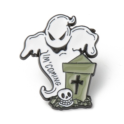 Broches émaillées en alliage, broche en émail, pour halloween, avec embrayages en caoutchouc, fantôme avec tombe, mot je viens, blanc